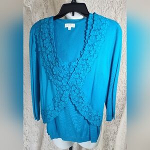 Joseph A.  Blue V-Neck Sweater Set with Crochet Matching Borelo Cardigan Nwot